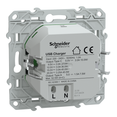 OVALIS ANTHRACITE CHARGEUR USB DOUBLE A 7,5W + C 45W FORTE PUISSANCE